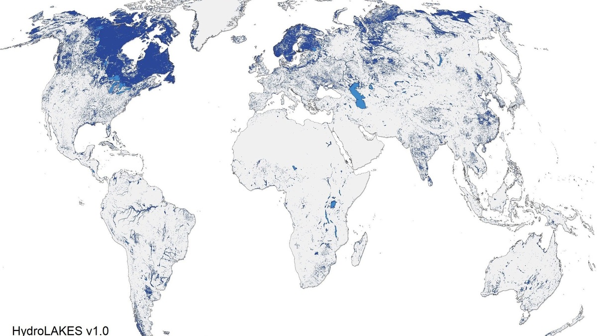 Global HydroLAKES map showing concentrations of lakes and reservoirs