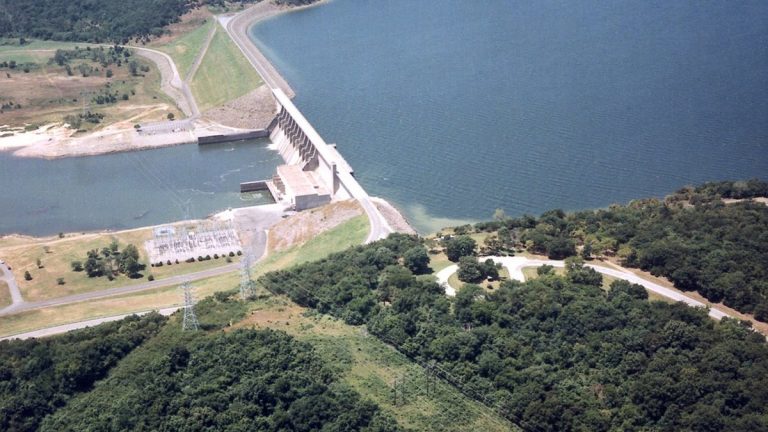 Aerial view of Eufaula Lake and Dam in Oklahoma