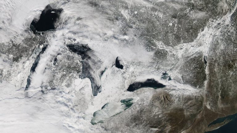Satellite view of ice covering Lake Erie