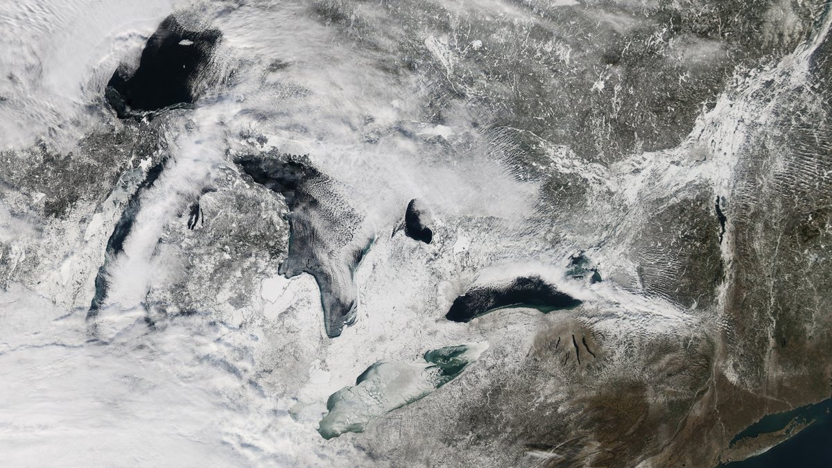 Satellite view of ice covering Lake Erie