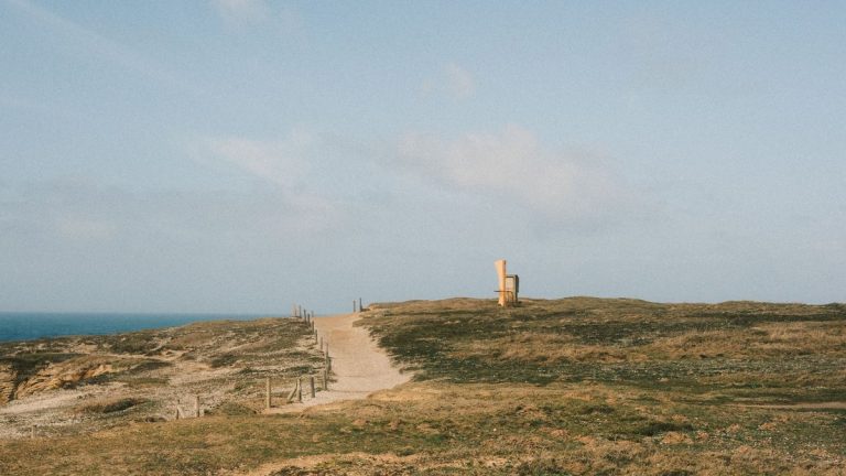 A tranquil coastal path under a blue sky, perfect for peaceful walks and nature appreciation