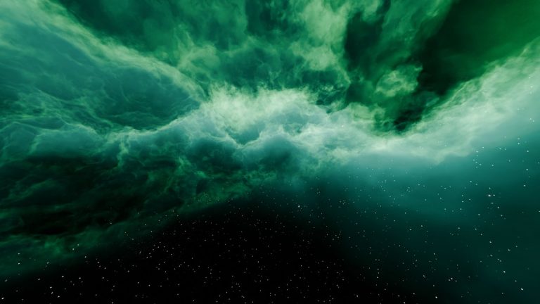 A vibrant green nebula in outer space with countless stars shining bright