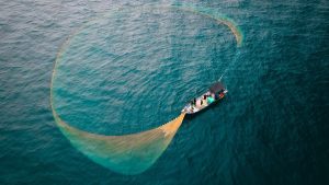 Aerial shot of a fishing boat deploying a large net in the open sea, showcasing traditional fishing methods