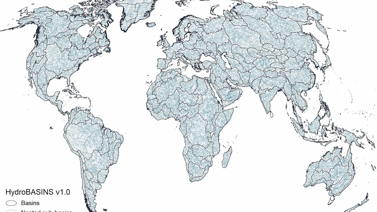 HydroBASINS world map of major river basins and nested sub-basins
