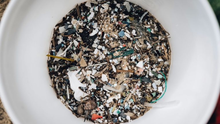 Detailed view of microplastics and debris collected in a white circular container showing pollution