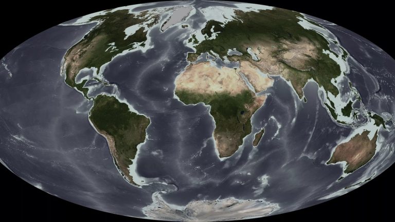 NOAA global ocean bathymetry map showing the shape and depth of the seafloor