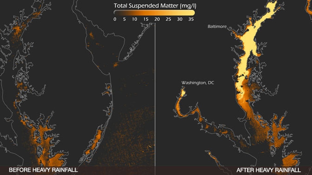Satellite visualization of suspended matter entering Chesapeake Bay before and after heavy rainfall