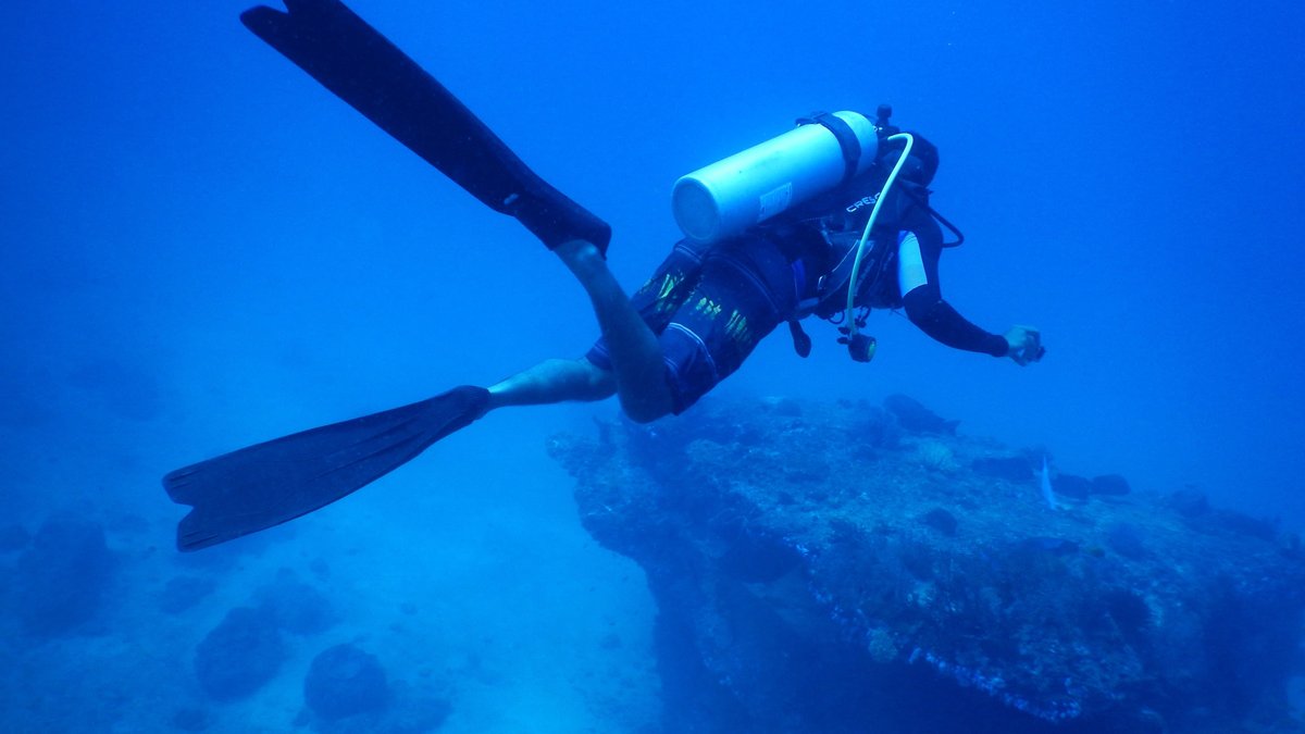 A professional scuba diver swimming underwater