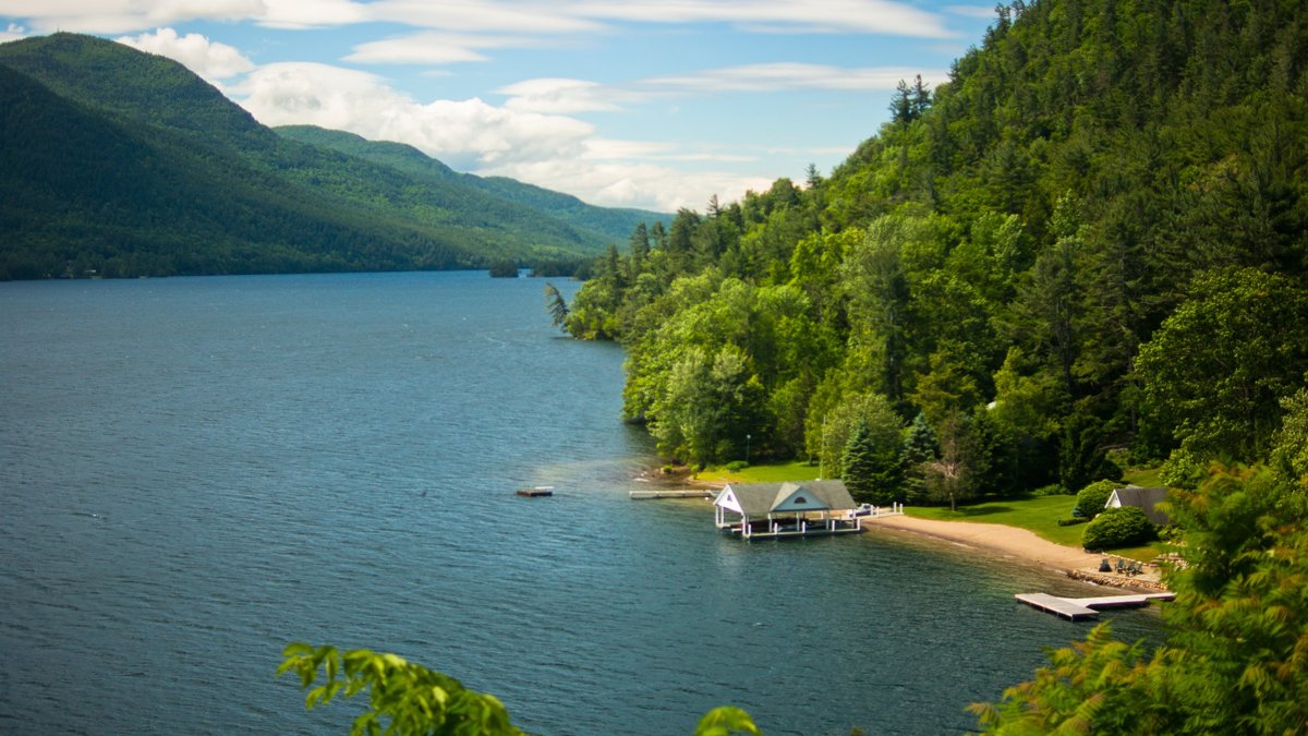Lake George surrounded by forested Adirondack mountains in New York