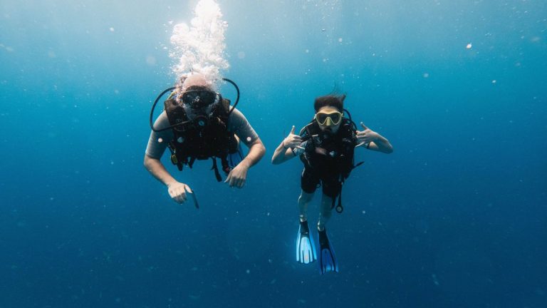 Two scuba divers exploring the vibrant underwater world off Zanzibar's coast in Tanzania