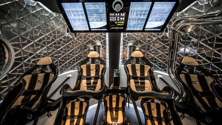 The interior of a spacecraft capsule configured for flight simulation
