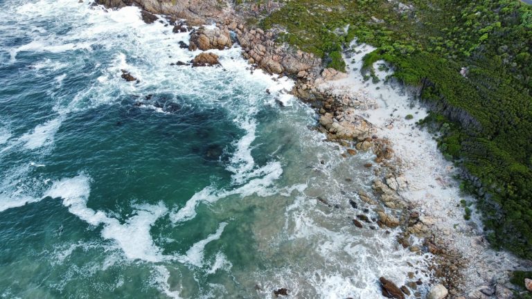 Stunning aerial view of a rocky coastline with vibrant green foliage and turquoise sea waves