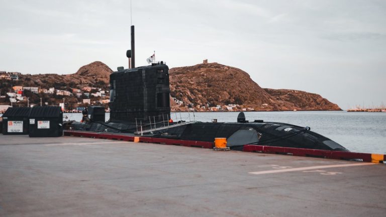 A submarine at a waterfront dock