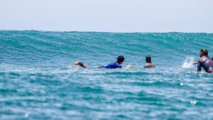 Four surfers paddling together in the ocean
