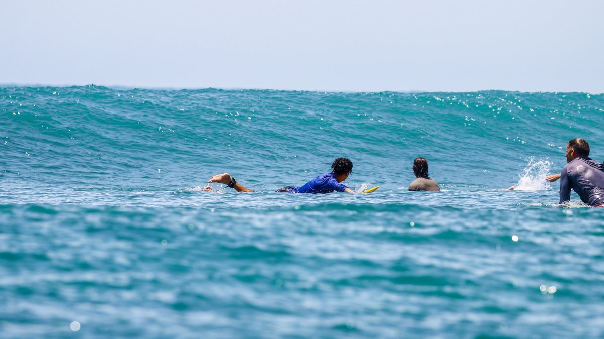 Four surfers paddling together in the ocean