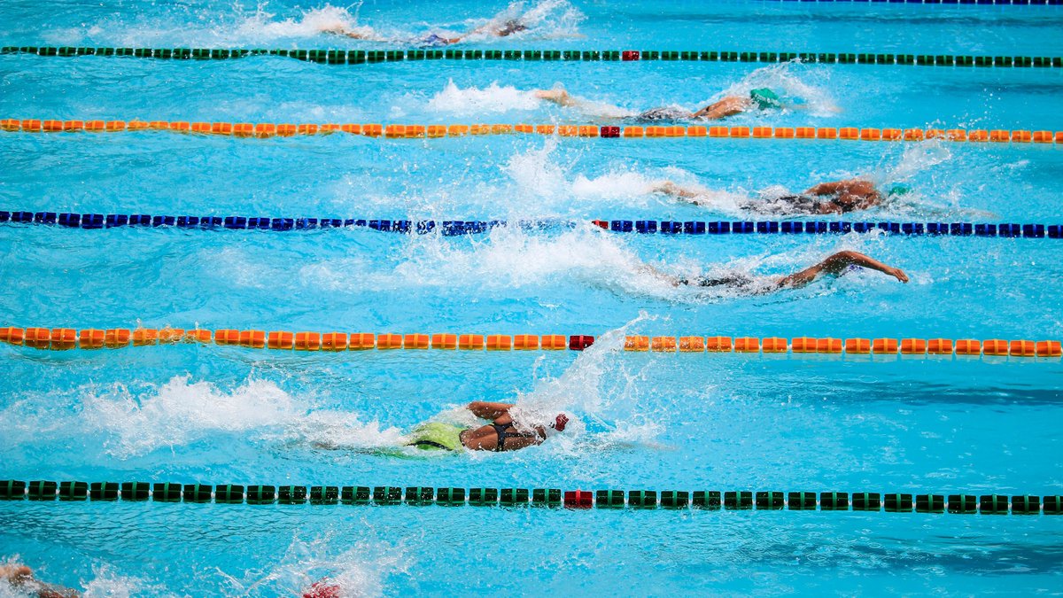 Swimmers compete in an outdoor pool race, showcasing athleticism and sportsmanship