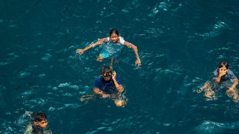 Aerial view of four children joyfully swimming in clear blue water on a sunny day