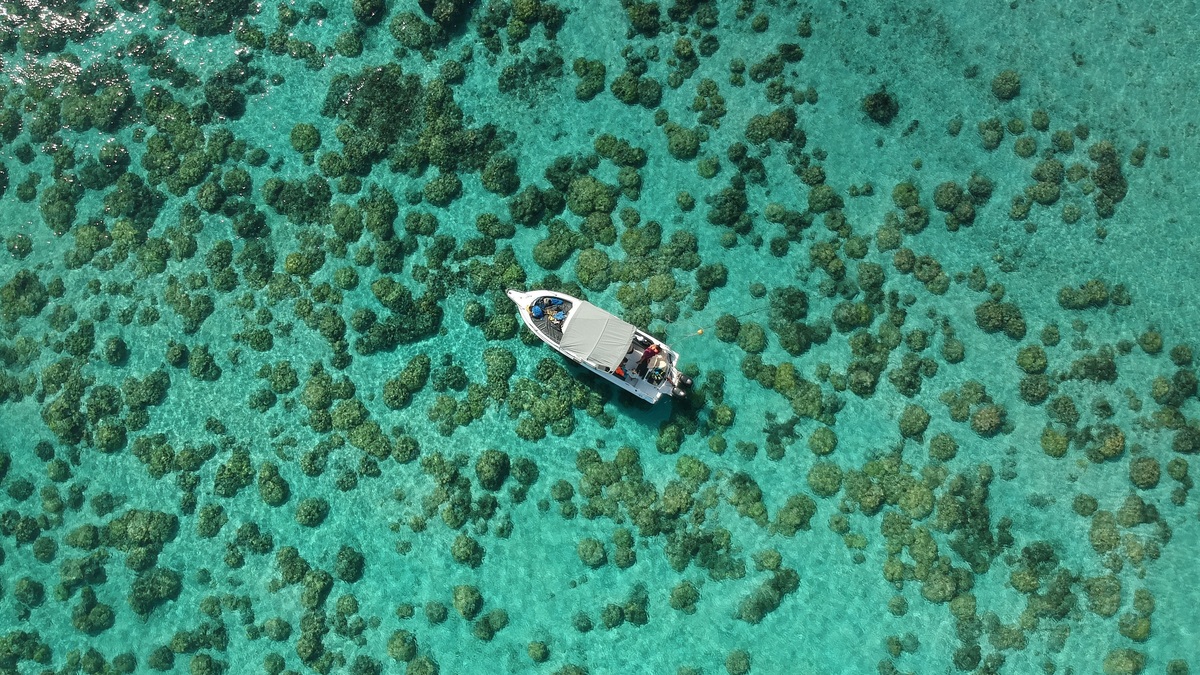 Stunning aerial shot of a boat navigating over the vibrant coral reef waters of Mauritius