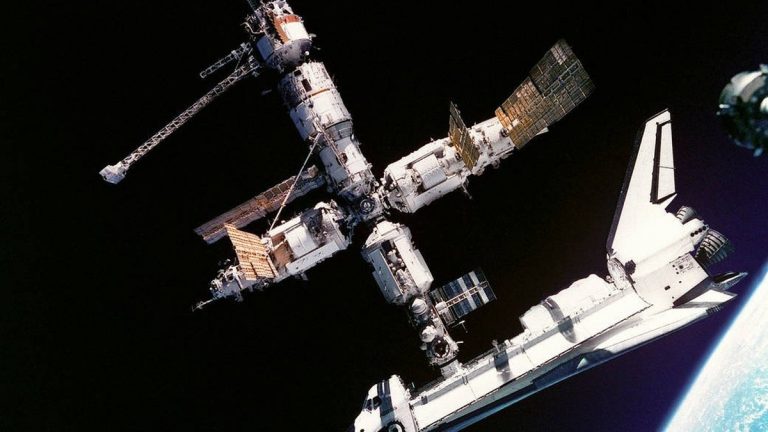 The Mir space station photographed from Space Shuttle Atlantis in 1997