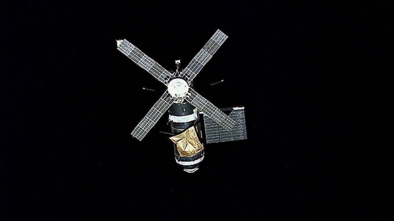 Skylab in Earth orbit after its first crew deployed the parasol sunshade