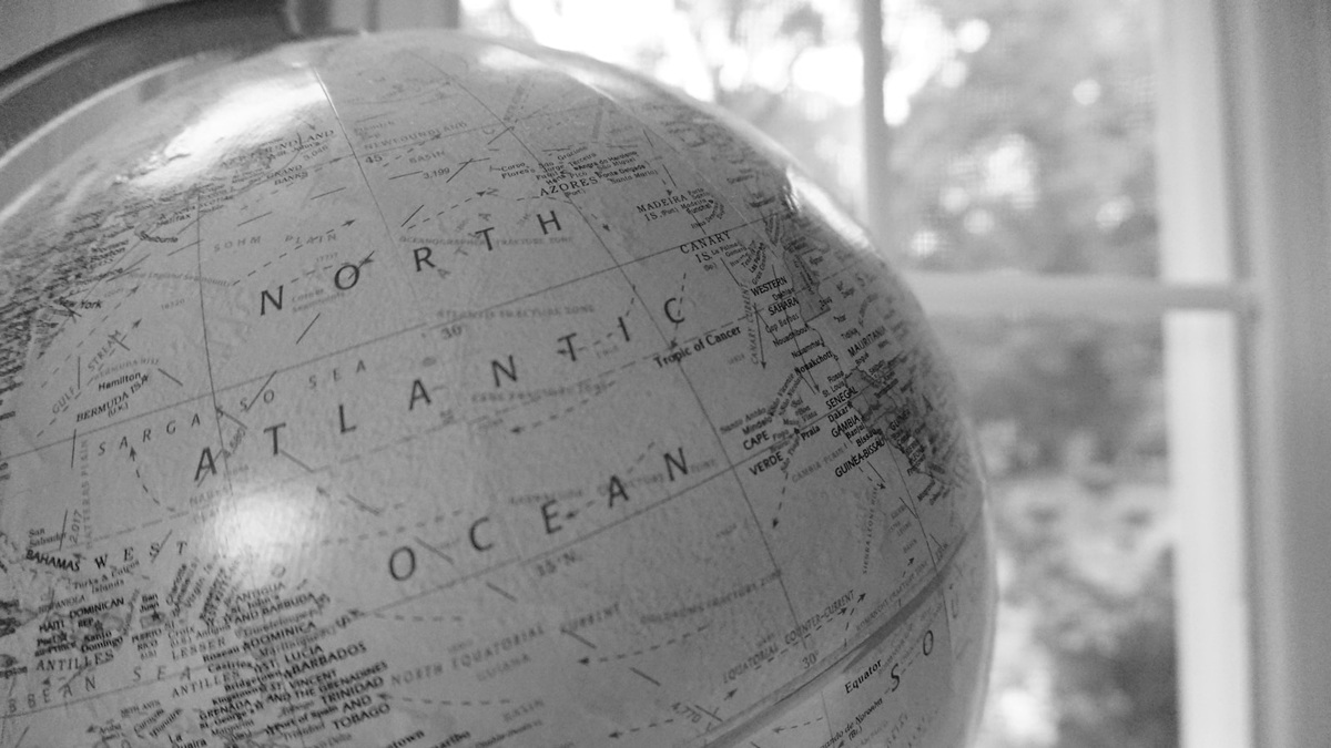 A globe centered on the Atlantic Ocean