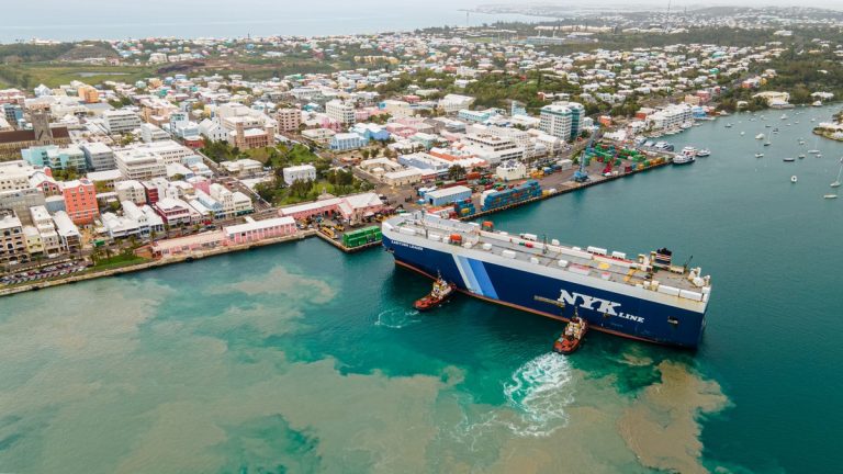 A cargo ship approaching port in Bermuda