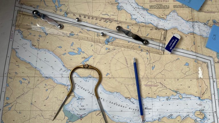A nautical chart with navigation instruments