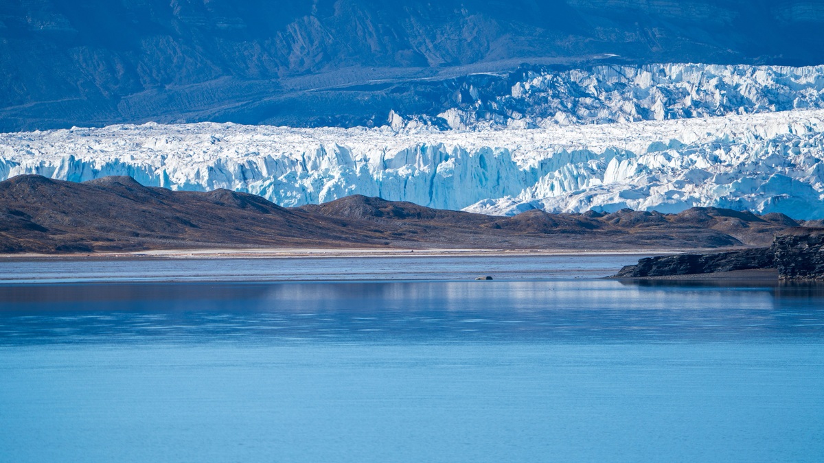 An Antarctic coastline of ice cliffs and dark water