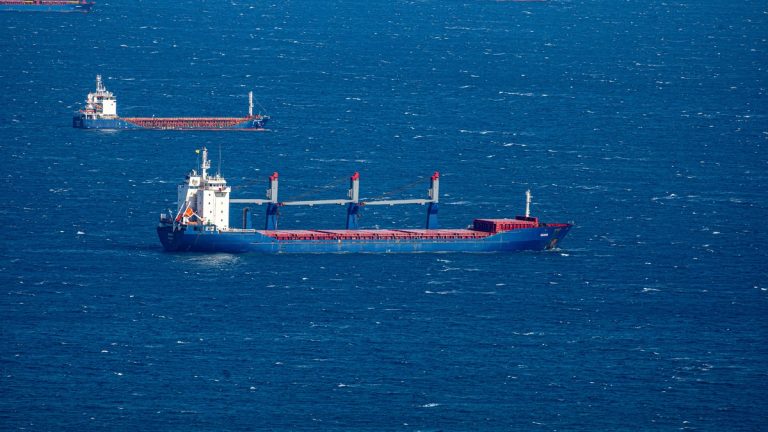 Cargo ships crossing the open ocean