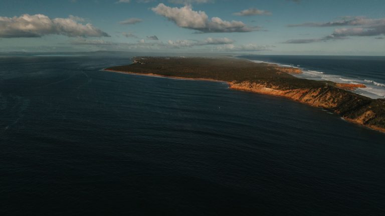 An aerial view of a rugged coastline