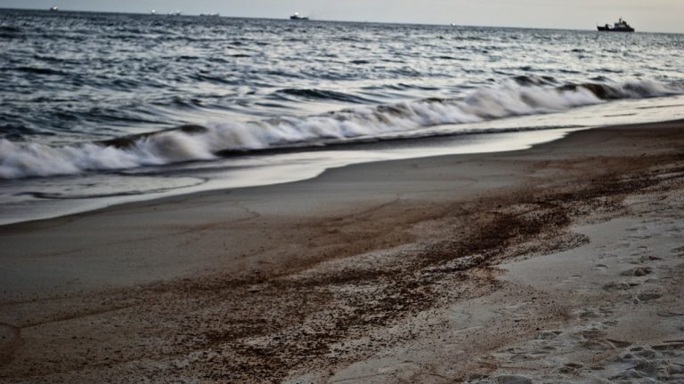 A dark oil slick along a sandy beach