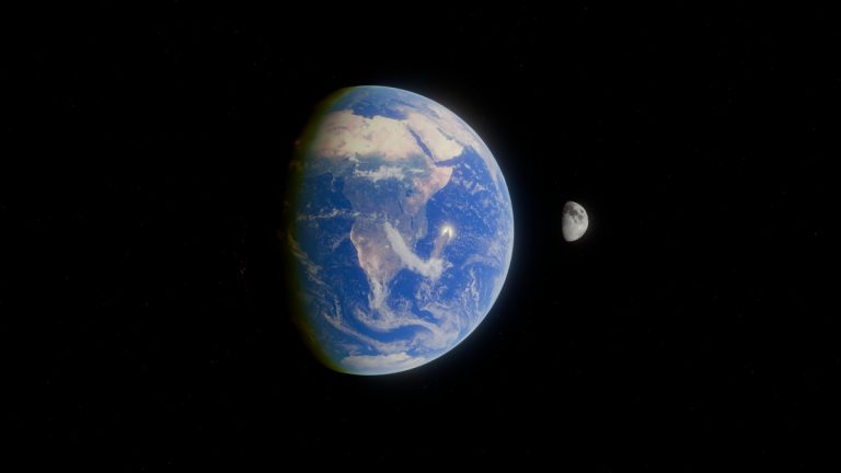 Earth and the Moon suspended in space