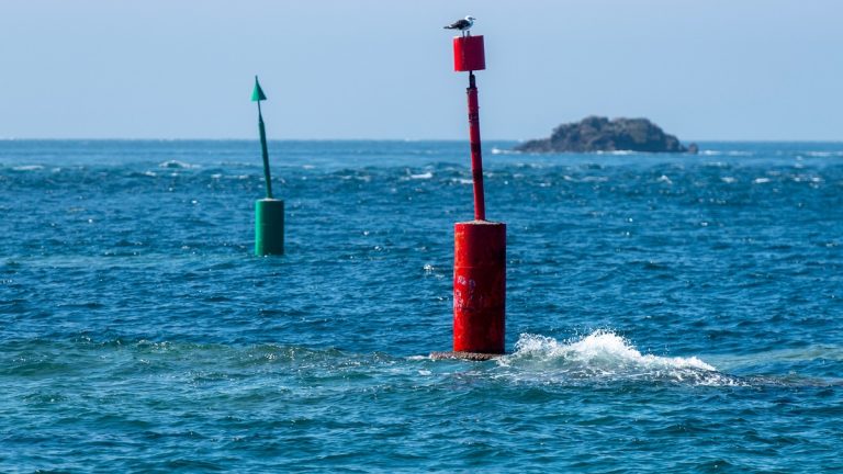 Red and green ocean observation buoys in open water
