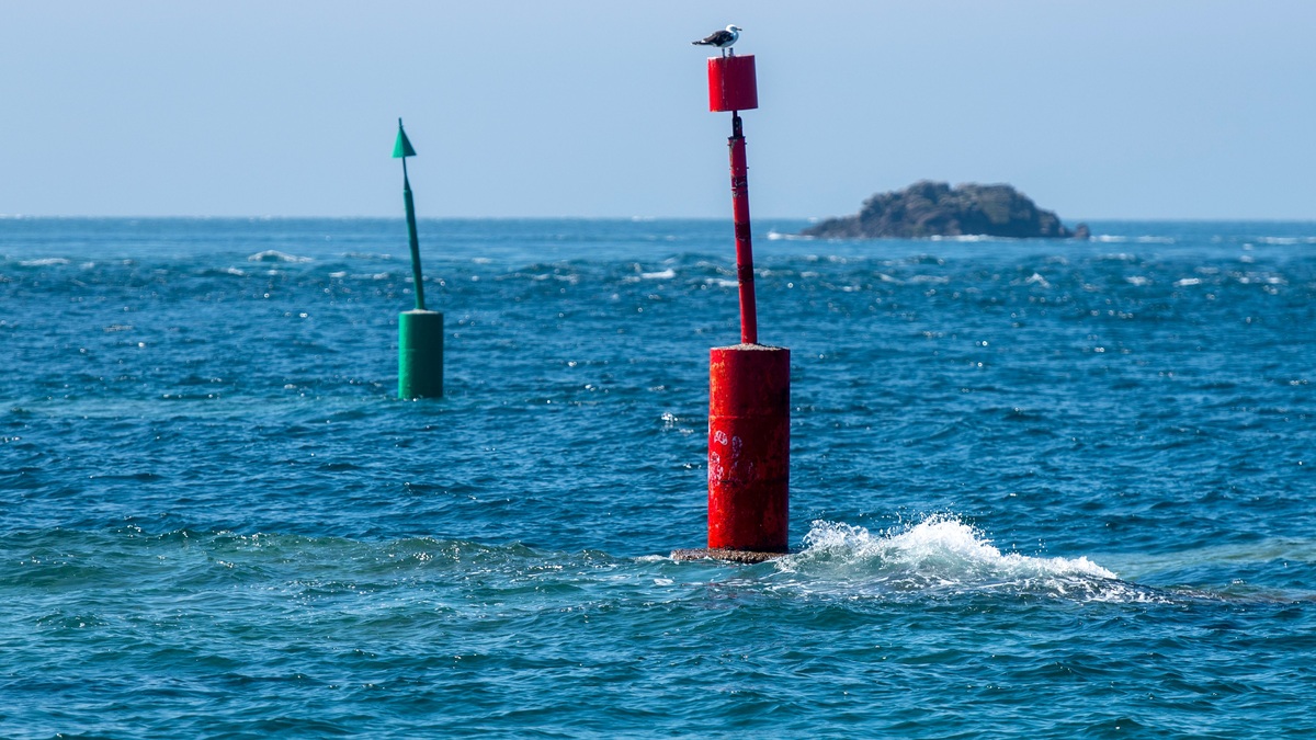 Red and green ocean observation buoys in open water