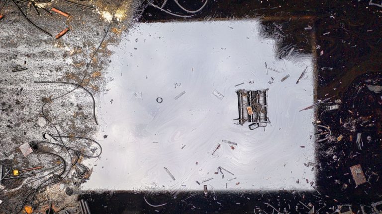 Oil contamination visible on the surface of dark water