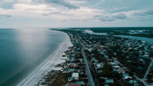 A populated American coastline seen from the air