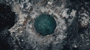 Detailed close-up of a geodetic survey mark embedded in a weathered rock surface