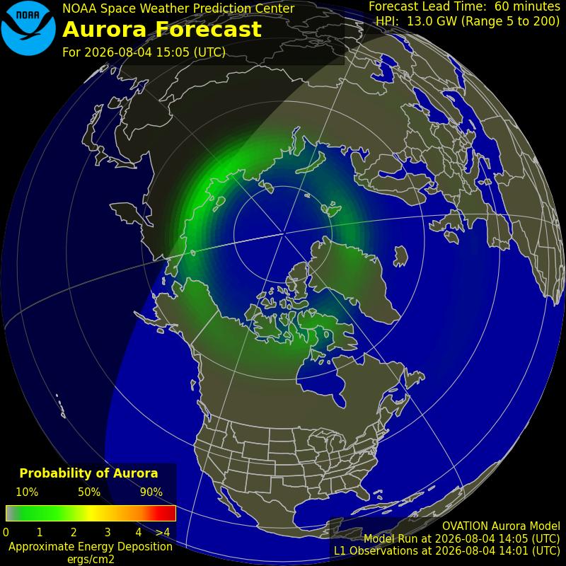 NOAA OVATION northern hemisphere aurora forecast map