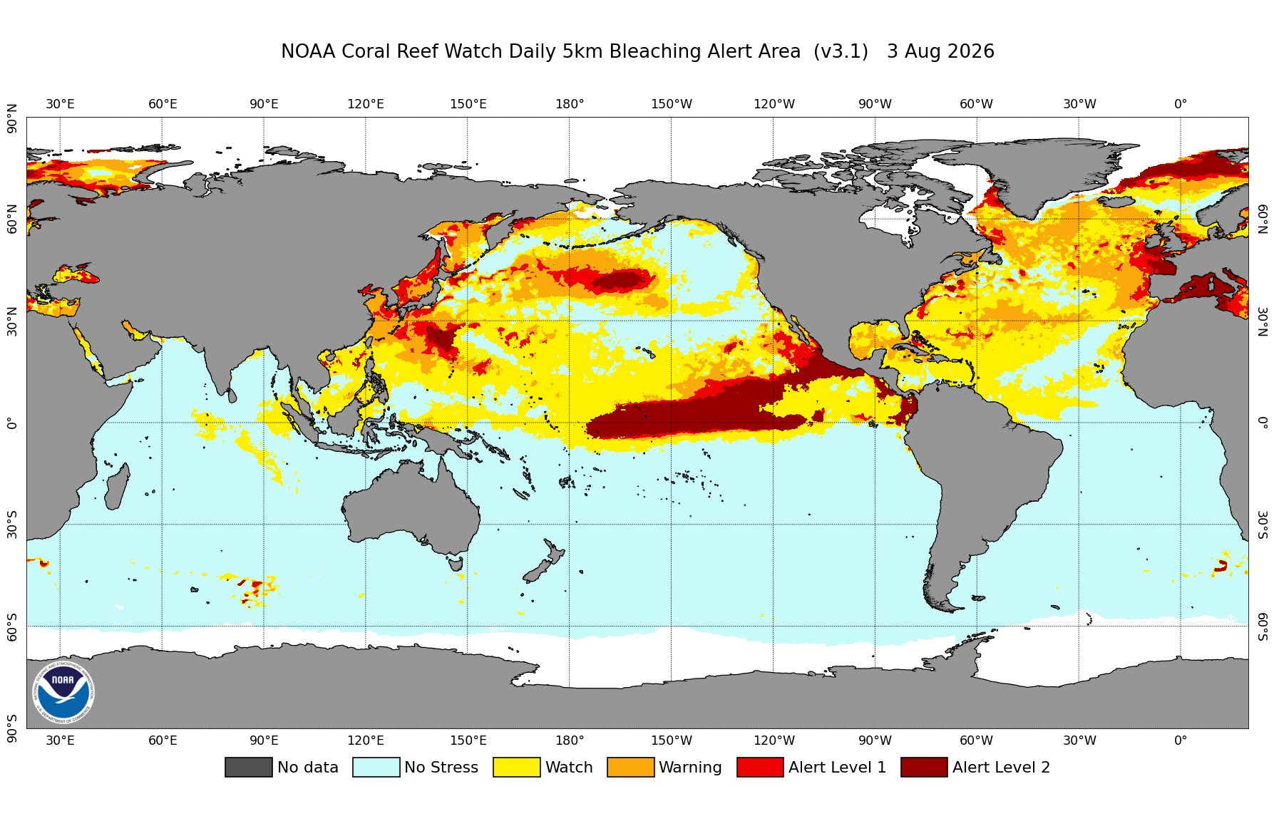 NOAA global coral bleaching alert area map