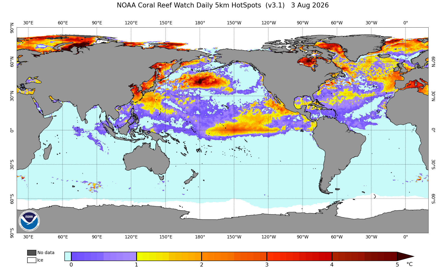 NOAA global coral bleaching HotSpot map