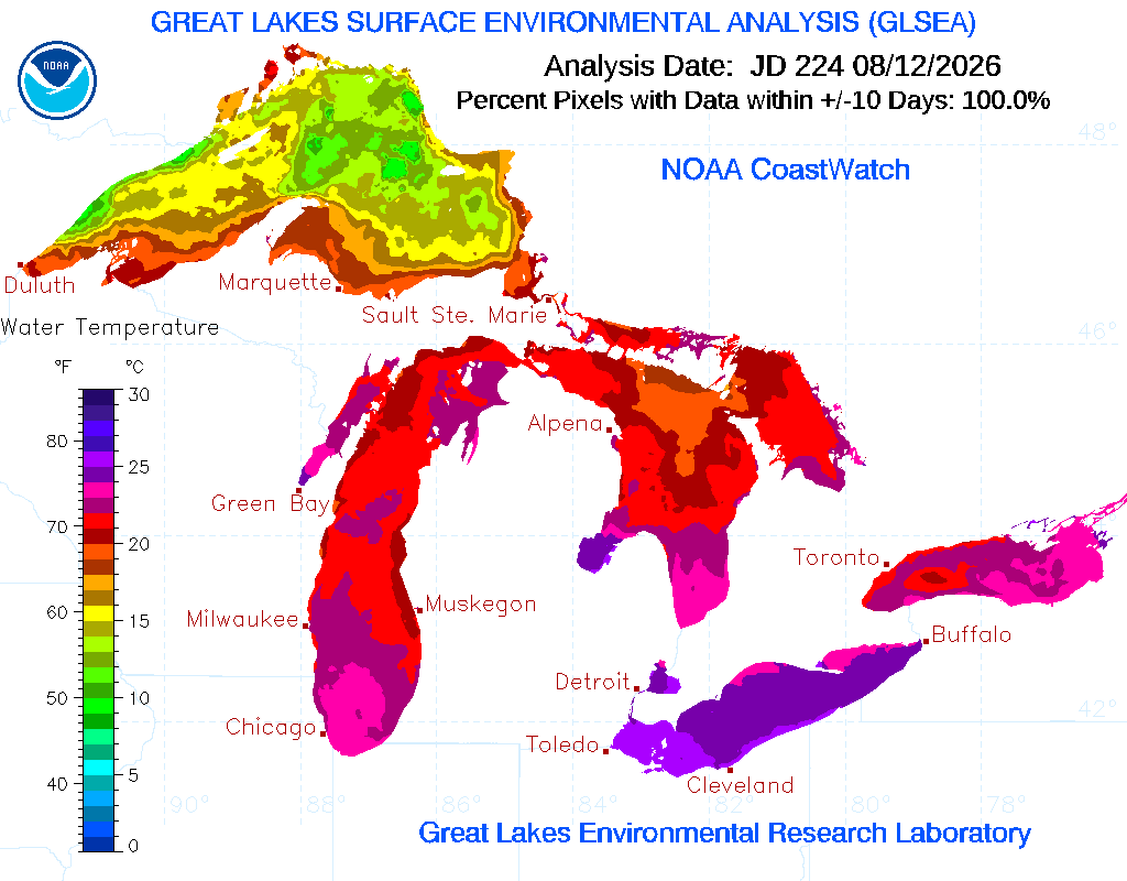 NOAA GLSEA surface water temperature and ice analysis for the Great Lakes